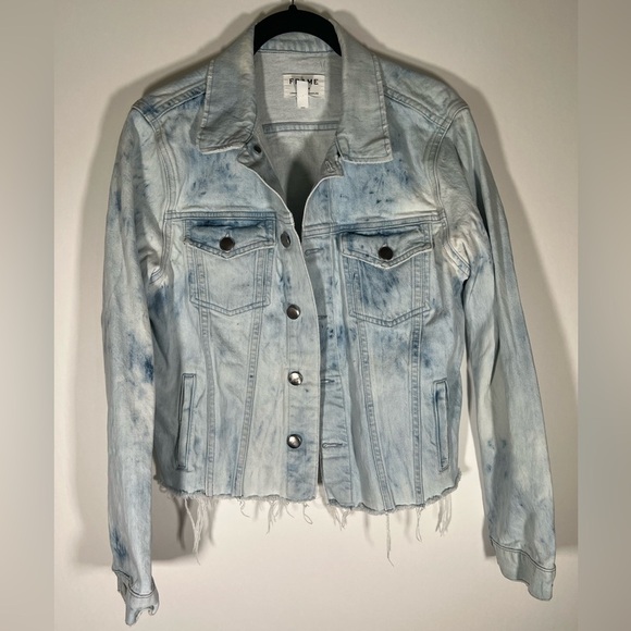 FRAME acid wash distressed in Cloud blue jean jacket sz L tie-dye festival - Picture 1 of 13